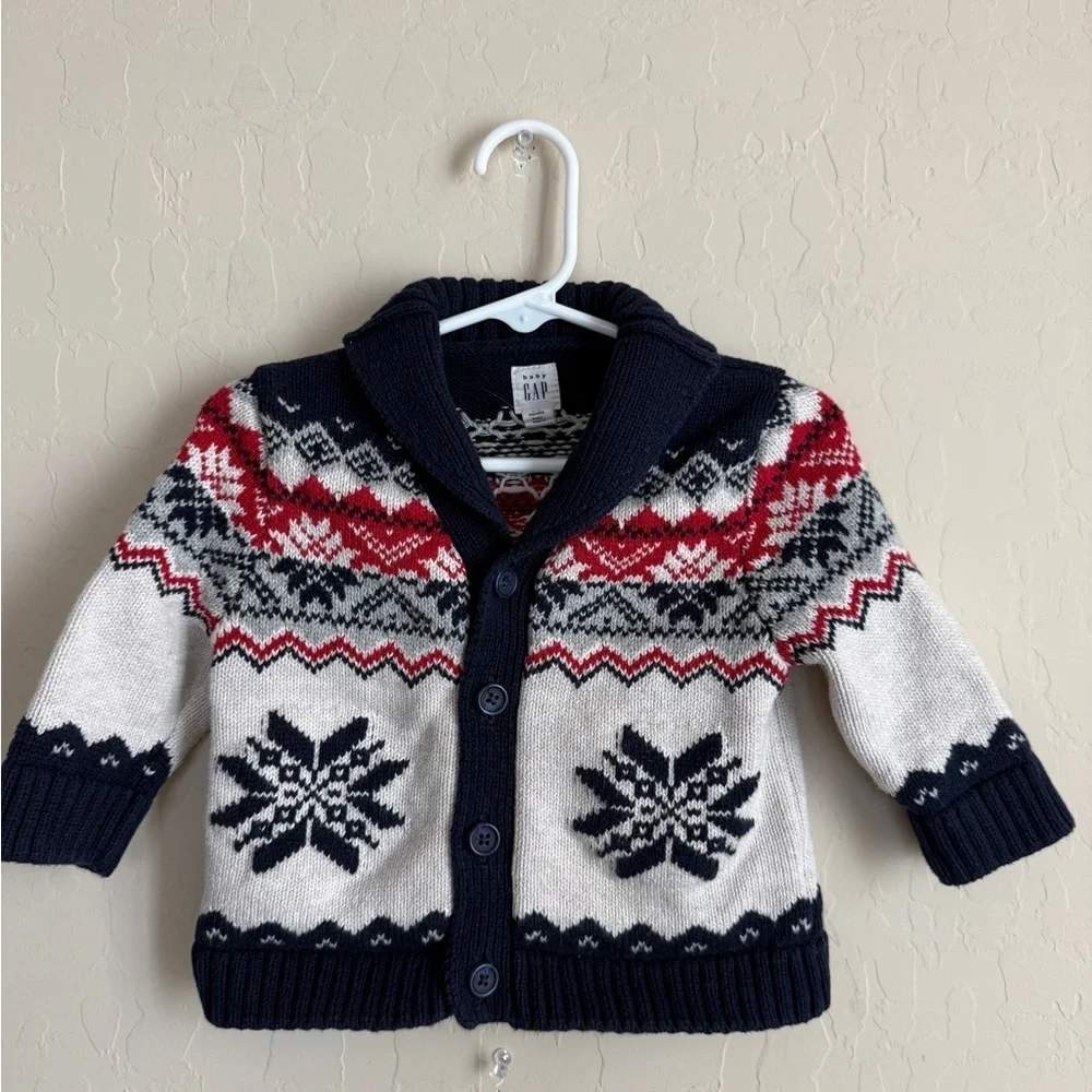 Baby GAP Fair Isle Intarsia Button Cardigan Blue Red White 6-12 months
